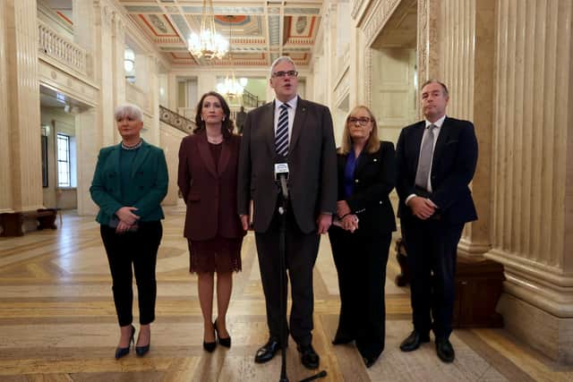 (left to right) Joanne Bunting MLA, deputy First Minister Emma Little-Pengelly, DUP leader Gavin Robinson, DUP deputy leader Michelle McIlveen and Education Minister Paul Givan. (Liam McBurney/the Press Association)