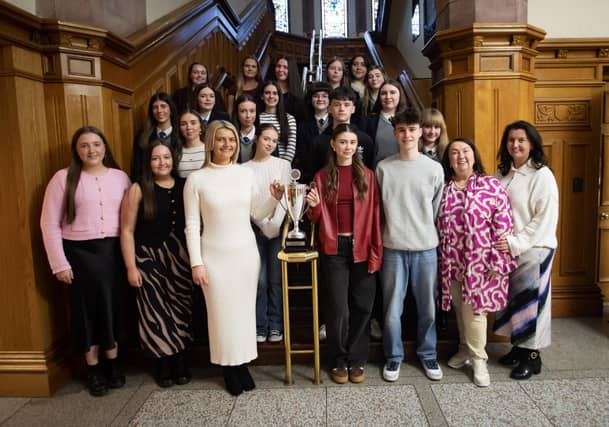 Pupils from Foyle School of Speech and Drama who were awarded United Nations Global Mercy Award from Councillor Caitlin Deeney at the Guildhall on Tuesday. Included are teachers Sandra and Blathnaid Biddle.
