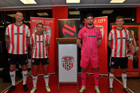 Derry City players Shane McEleney, Shannon Dunne, Tadhg Ryan and Carion Harkin pictured at the official launch of the club’s 2024 home shirt at O’Neill’s superstore on Wednesday evening. Photo: George Sweeney