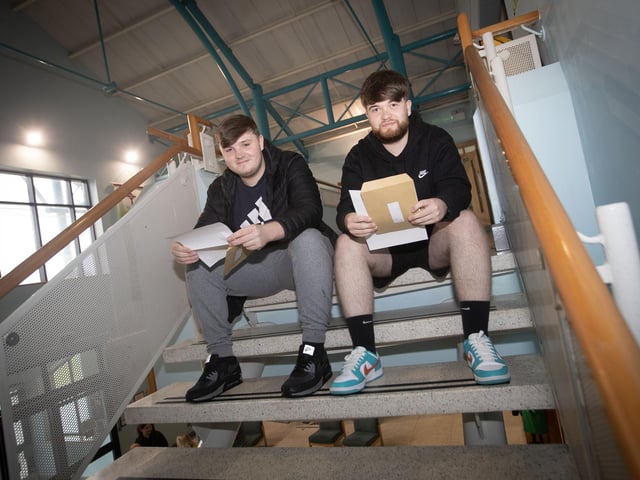 A Level students Nathan Coulter and Daniel Spence checking out their results at St. Joseph's on Thursday morning. (Photos: Jim McCafferty Photography)