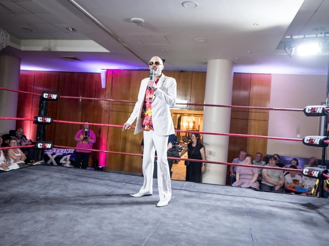 Introducing the wrestler at Saturday's Foyle Rumble at the City Hotel. Photographs by Stephen Latimer.