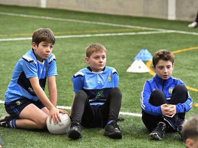 Some of the Primary School pupils who took part in the Cumann na mBunscoil skills test at Sean Dolans GAC on Friday. Photo: George Sweeney