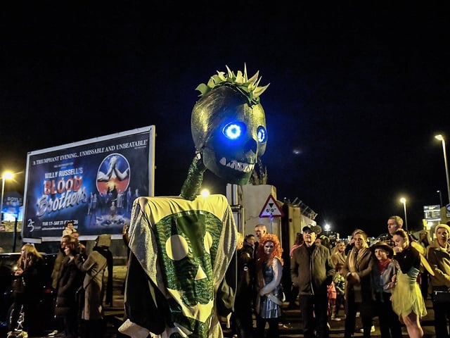 Derry’s ‘City of the Bones’ Halloween carnival parade makes its way along Strand Road on Friday evening.  Photo: George Sweeney