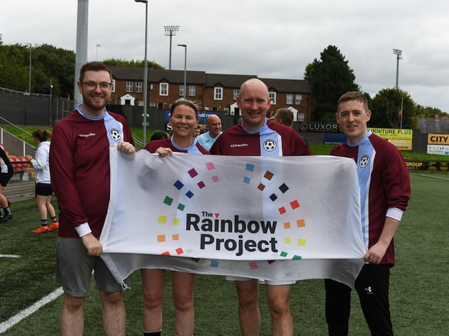 The Rainbow Project team took part in the Foyle Pride Football v Homophobia soccer competition held in Brandywell Stadium. Photo: George Sweeney