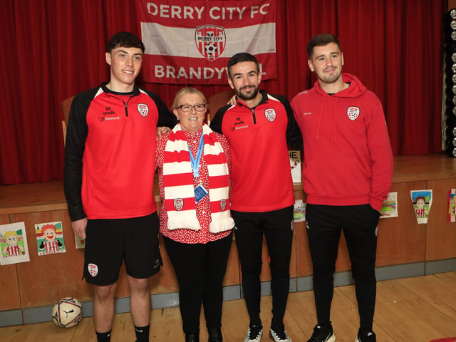 Derry City FC players players Michael Duffy, Brian Maher and Conal McDermott pre-Cup final visit St. Patrick’s PS, Pennyburn, (Photo - Tom Heaney, nwpresspics)