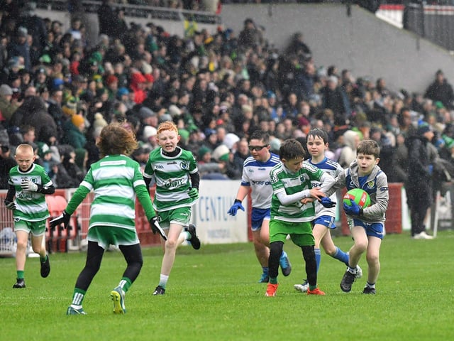 Young footballers from Faughanvale and Ballinderry playing during the SFC final interval at Celtic Park on Sunday afternoon. Photo: George Sweeney
