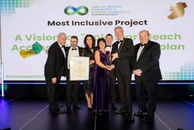 Receiving the award from Councillor Michael Anglim Chair of LAMA were Donegal County Council staff: Seamus Hopkins, Senior Engineer Water & Environment, Pamela Smullen, Development Officer, Sláintecare Healthy Communities, Trudi O Reilly, Access Officer, John Mc Carron, Senior Executive Engineer, Garry Martin Director of Economic Development, Emergency Services and Information Systems. Also included is Marty Whelan, MC of LAMA Awards.