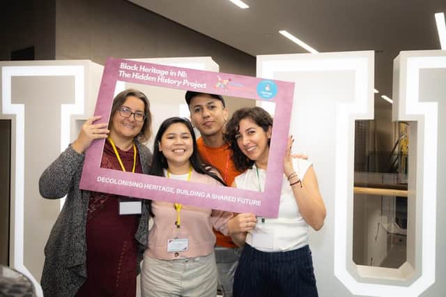 In the frame for the launch of the ‘Black Heritage in Northern Ireland: The Hidden History Project’ are North West Migrants Forum staff members Eva Kasmetli, Ei Mon Thant and Aynaz Zarif and volunteer Ahmed Al Moshgi.