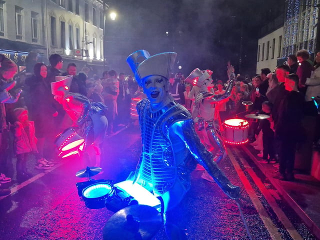 The amazing colourful drum band Spark! performing during Derry Halloween 2024.