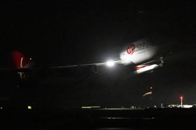 The first ever satellite mission launched from UK soil has ended in failure.
Cosmic Girl, a Boeing 747-400 aircraft carrying the LauncherOne rocket under its left wing, takes off from Cornwall Airport Newquay on January 9, 2023 in Newquay, United Kingdom. Virgin Orbit launches its LauncherOne rocket from the spaceport in Cornwall, marking the first ever orbital launch from the UK.