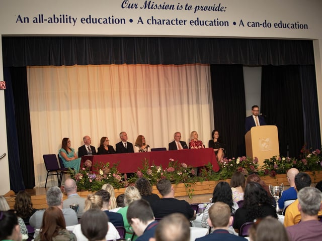 Mr. Sean Pettis, guest speaker, CEO, Council for Integrated Education, addressing the attendance at the Oakgrove Integrated College Senior Prizegiving last week.