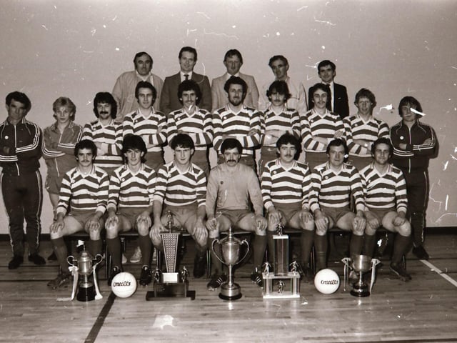 Cockhill Celtic F.C. in Buncrana with their five trophies.