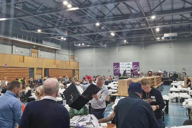 Ballot boxes are open at the election count in the Aura Leisure Centre in Letterkenny on Saturday.