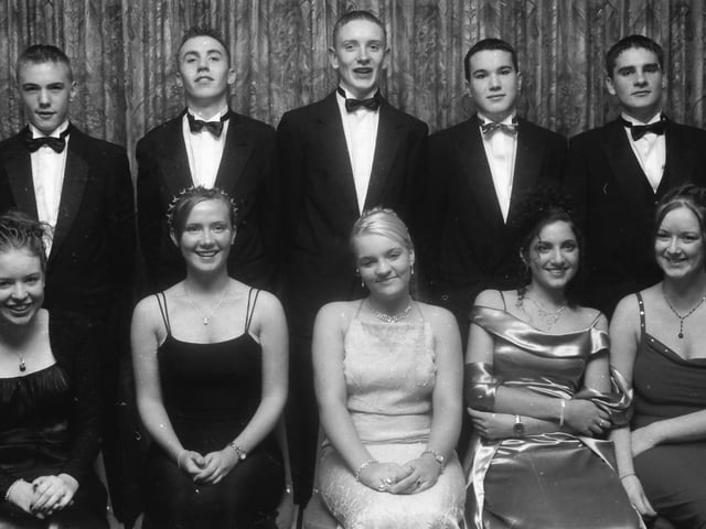 Seated, from left, are Julie Theobald, Marion Cooke, Victoria Davies, Lorna Mahon and Nuala Costello. Standing, from left, are Ryan Hamilton, Keith Donaghey, Graham Taylor, Stephen Millar and Andy Allen at the Clondermott High School Annual Formal in November 1999.