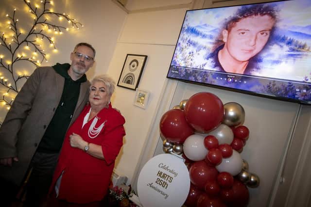 Hurt Founder Sadie O'Reilly pictured with her late son Tony's best friend Adrian McMonagle at Thursday's 25th Anniversary. (Photos: Jim McCafferty Photography)