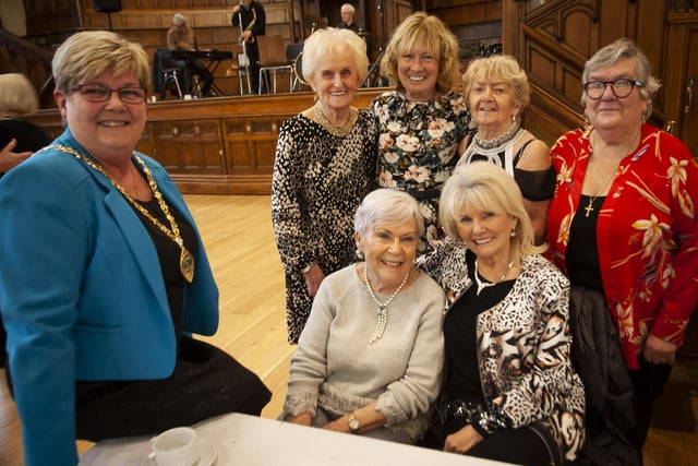Deputy Mayor Angela Dobbins pictured with some of the ladies at the Mayor’s Tea Dance in the Guildhall on Wednesday afternoon. Front from left Pauline Dillon and Mary White; back from left Evelyn Nelson, Resha Collins, Margaret Duffy and Kitty Wright.