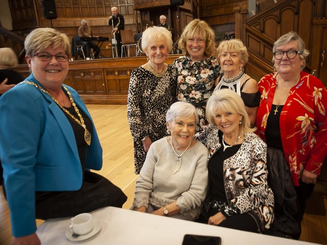 Deputy Mayor Angela Dobbins pictured with some of the ladies at the Mayor’s Tea Dance in the Guildhall on Wednesday afternoon. Front from left Pauline Dillon and Mary White; back from left Evelyn Nelson, Resha Collins, Margaret Duffy and Kitty Wright.