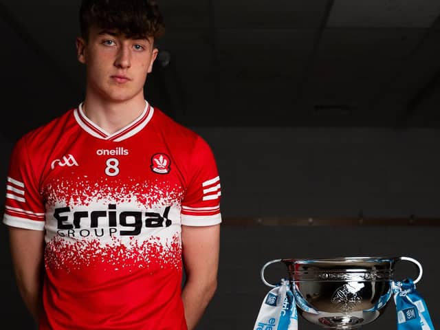 Derry minor captain James Sargent with the Ulster Minor Championship trophy.