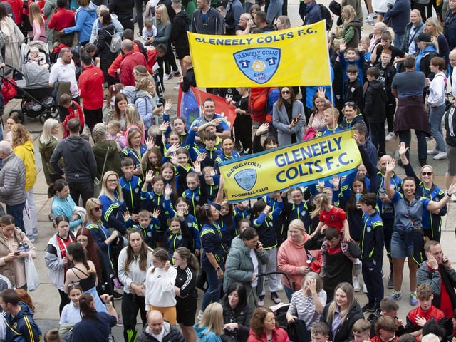 Gleneely Colts pictured with the banners at the end of the parade at Guildhall.