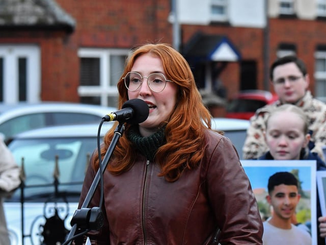 Ashling Doherty, a relative of Patrick Doherty, speaking at the one minute silence dedicated to the children of Gaza at the Bloody Sunday monument on Thursday afternoon. Photo: George Sweeney