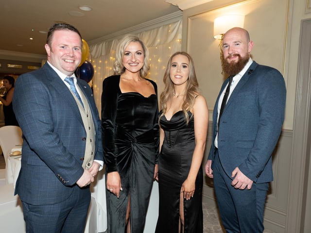 Gary McKeague, Ciara McCloskey and Carol Anne Wilson and Bryan McCandless, Mark 2 Menswear  at the Carndonagh Traders Business and Community Awards in the Ballyliffin Lodge Hotel on Saturday night last also included from left are . Photo Clive Wasson.