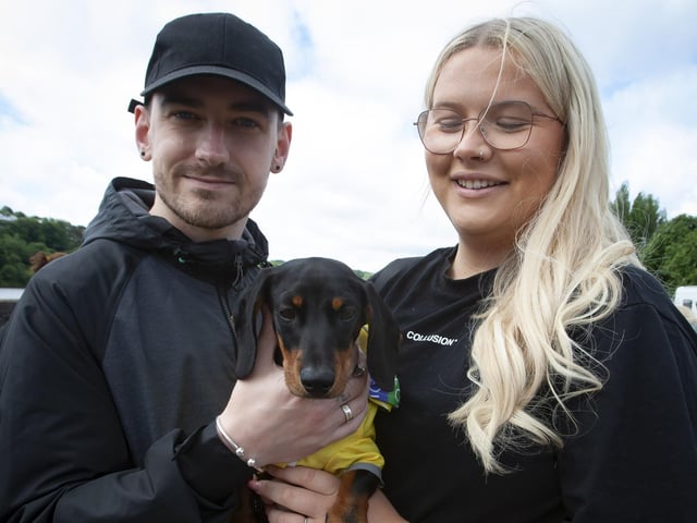 Eddie Henry and Niamh Kerrigan with their dog ‘Denny’ on Saturday.