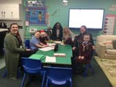 Mayor Lilian Seenoi-Barr with Ms. Amanda Murphy, Vice Principal of St John's and Dearbhla and Clare from Northwest Youth Services, St Mary's Youth Club in the Happy Haven classroom.