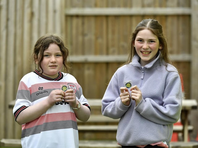 Maisie and Grace Gallagher ,CCÉ Baile na gCailleach, were awarded First in Duet U12 at the recent Feis Dhoire Cholmcille. Photo: George Sweeney