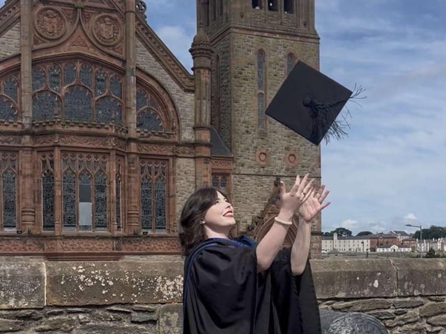 Grace Doherty, also from Derry, graduated with a First Class Honours in Drama. Grace said: “As someone who’s been involved in the local drama scene since I was a child, I’ve walked, danced, and crawled across the Millennium Forum stage many times without fear, but yesterday as I walked across to collect my degree I was the most emotional I’d ever been. Having the support of my loved ones in the crowd motivated me to make my shaky way across. However, the second I was handed the piece of paper I’d worked so hard for, it was a feeling of total pride and satisfaction.” Unfortunately, Grace said that her father passed away recently. Although she received job opportunities, she has chosen to take the summer off to process her loss before stepping into the world of work.