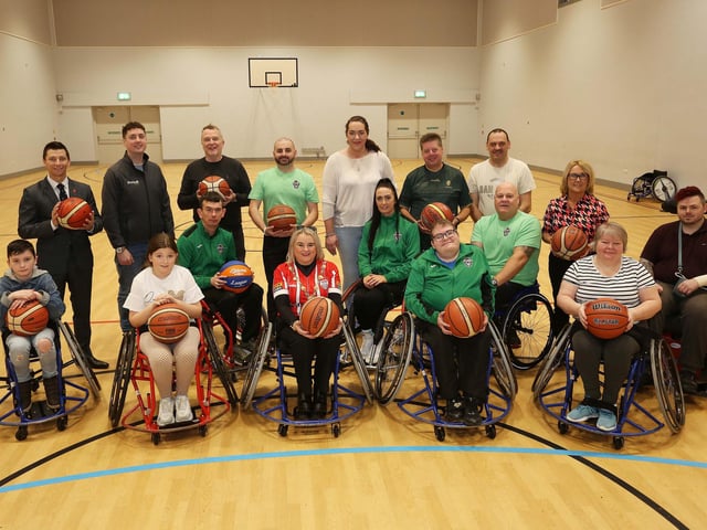 The Mayor of Derry, Councillor Sandra Duffy, and other elected representatives at the NW Wolves Wheelchair Basketball Club Community Launch Day at Shantallow Community Centre. Included are Paul Coyle, treasurer, Sam Barr and Paul Gallagher, coaches. Alderman Ryan McCready, Councillor John McGowan, Councillor Rachel Ferguson, Councillor Conor Heaney and Ciara Ferguson, MLA.