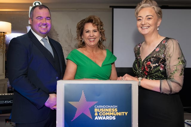 Davin Doherty, Deridre Bradley, Chairperson  and Elaine McColgan, Committee members  at the Carndonagh Traders Association Business and Community Awards in Ballyliffen Lodge Hotel on Saturday night last.   Photo Clive Wasson