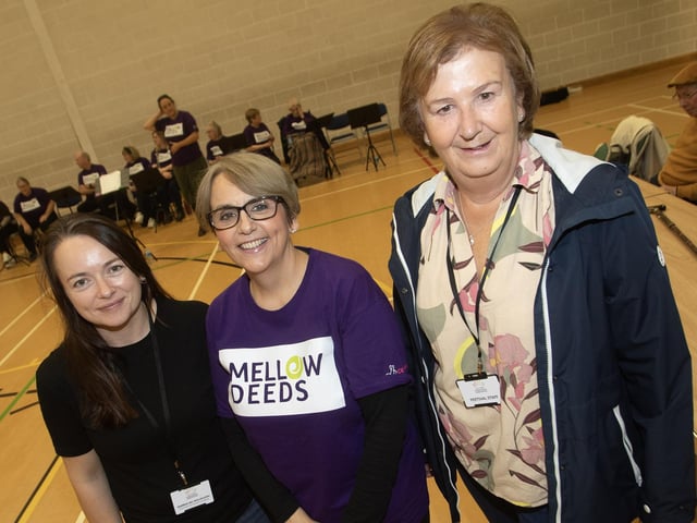 Sinead Devine, Co-Ordinator, DEEDS at Old Library Trust, Creggan pictured with Mairead Nic Bhloscaidh and Nicky Fallon, International Choral Festival at the Mellow Deeds Choir performance at the City of Derry International Choir Festival in Creggan on Friday morning.