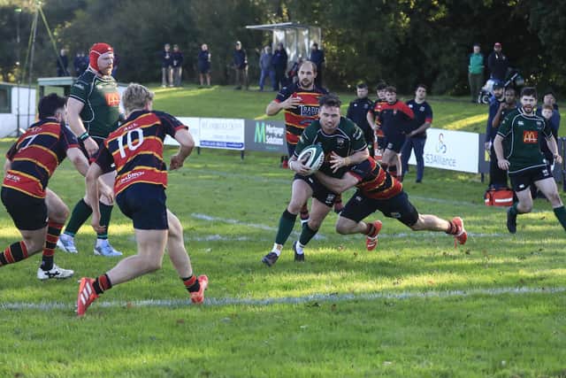 City of Derry’s Jamie Millar powers forward before scoring a touchdown in the Championship 2 match at Judges Road. (Photo - Tom Heaney, nwpresspics)