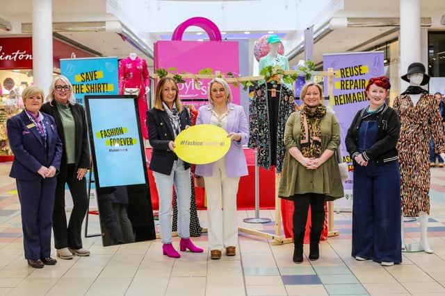 Josie Foy, Customer Service, Foyleside Shopping Centre; Caroline Green, Centre Administrator at Foyleside Shopping Centre; Jacqueline McMonagle, Foyle Hospice Shops Area Manager; Sandra Duffy, Mayor of Derry City & Strabane District Council; Deirdre Williams, Business Development Manager at the Fashion & Textile Design Centre Elaine Duffy, Proprietor Vintage Star