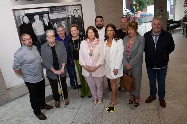 ROISIN BARTON TRIBUTE. . . .The Mayor of Derry City and Strabane District Council, Patricia Logue pictured at Sunday's Féile 'Consider The Women of Ireland' event - a tribute to the late Roisin Barton at An Cultúrlann on Sunday evening. Included are Féile organisers and members of the Barton family. (Photos: JIm McCafferty Photography)