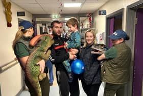 Roar Roar Dinosaur Interactive Experience a huge hit with patients in the Children’s Ward at Altnagelvin Hospital, Derry this week pictured are children, parents and staff members enjoying the educational and fun interactive experience with a dinosaur egg and baby dinosaurs.