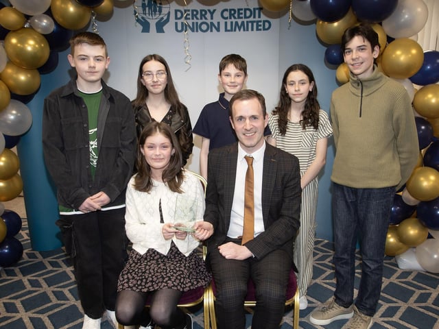 Derry Credit Union's Annual Young People's Awards 2025 winners receiving their prizes at the Waterfoot Hotel on Monday evening last from Owen McColgan, Keynote Speaker.