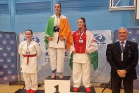 Faye Leonard pictured on the podium in Edinburgh.
