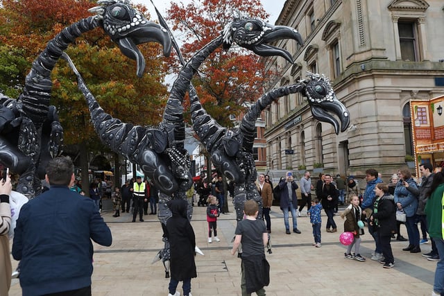 Giant dinosaur parade through Guildhall Square at the Halloween celebrations. (Photo - Tom Heaney, nwpresspics)