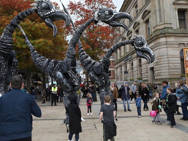 Giant dinosaur parade through Guildhall Square at the Halloween celebrations. (Photo - Tom Heaney, nwpresspics)
