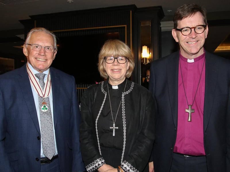 Bishop of Derry and Raphoe, the Rt Rev Andrew Forster with the new Archbishop of Canterbury, the Most Revd and Rt Hon Dame Sarah Mullally DBE on her arrival at Ebrington Hotel, on Wednesday. Included is the Lord Lieutenant Ian Crowe. (Photo - Deirdre Heaney, nwpresspics)