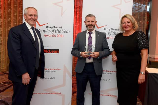 Previous contribution to Arts & Culture Award winner Allegri represented by Maurice Kelly pictured with Paul McLean from Principal Sponsor BetMcLean and Andrena O’Prey, Derry Journal.  Photo: George Sweeney.  DER2139GS – 054