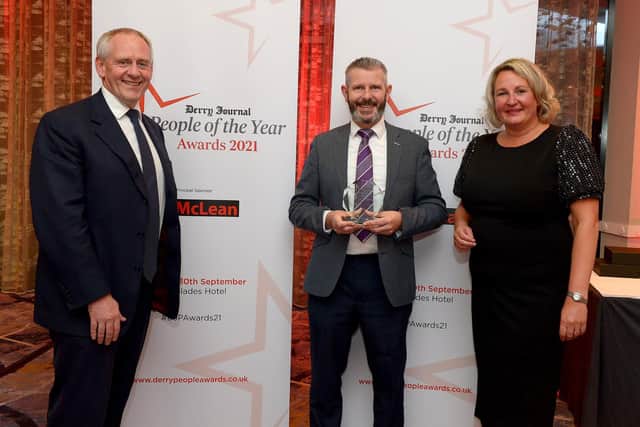 Previous contribution to Arts & Culture Award winner Allegri represented by Maurice Kelly pictured with Paul McLean from Principal Sponsor BetMcLean and Andrena O’Prey, Derry Journal. Photo: George Sweeney. DER2139GS – 054