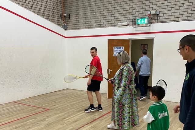 L to R: Dan Greenaway and William Nicholson (Ulster Squash Board Members), Sandra Duffy (Mayor of Derry and Strabane Council) and Paul McCusker (Chair of Foyle Squash).