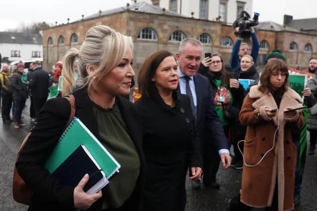 Left to right: Sinn Fein’s Michelle O’Neill, party president Mary-Lou McDonald and Paul Murphy. Picture by Jonathan Porter/PressEye
