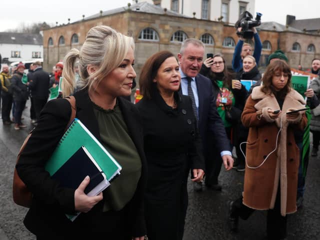 Left to right: Sinn Fein’s Michelle O’Neill, party president Mary-Lou McDonald and Paul Murphy. Picture by Jonathan Porter/PressEye