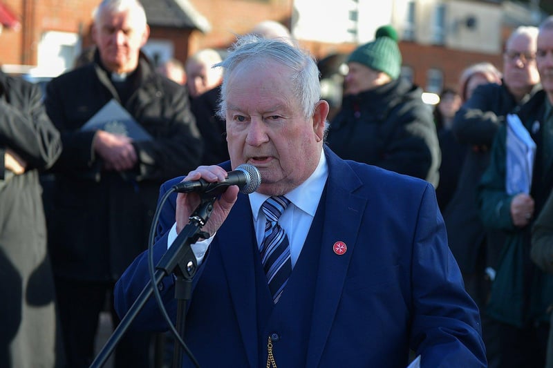 Former Order of Malta volunteer Hugh Duffy speaking at the Annual Bloody Sunday Remembrance Service held at the monument in Rossville Street on Sunday morning. Photo: George Sweeney. DER2306GS – 21