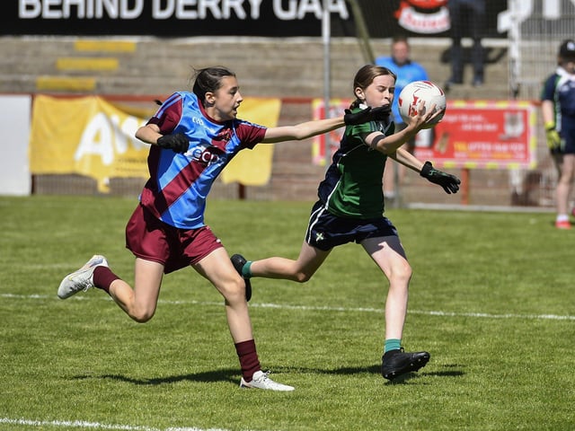 Cumann na mBunscol Doire Girls Championship Finals Day at Celtic Park: St John’s Primary against Good Shepard Primary School in the Cup Final. Photo: George Sweeney