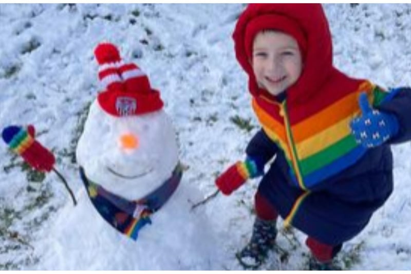 Five year old Lúcás O’Kane with his great Derry City F.C. snowman. Photo: Alicia O'Kane.