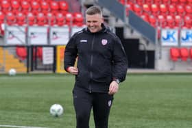 First team coach Conor Loughrey is all smiles during Derry City's training.